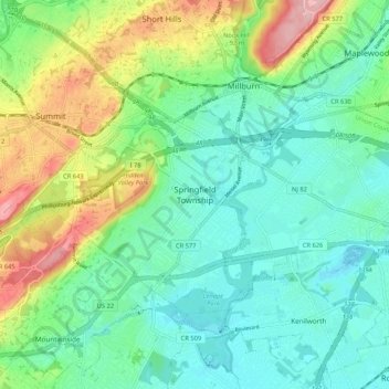 Springfield Townshipの地形図、標高、地勢