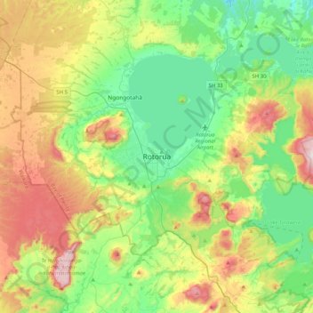 ロトルアの地形図、標高、地勢