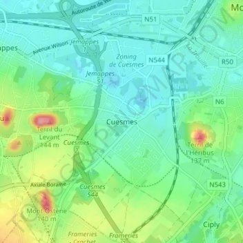 Cuesmesの地形図、標高、地勢