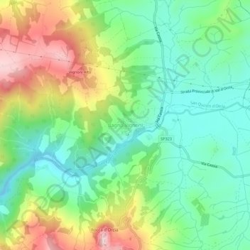 Bagno Vignoniの地形図、標高、地勢