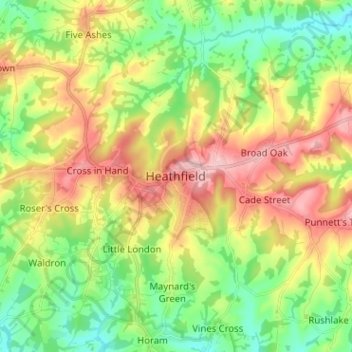 Heathfieldの地形図、標高、地勢