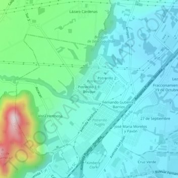 Potrerillo 3 El Bosqueの地形図、標高、地勢