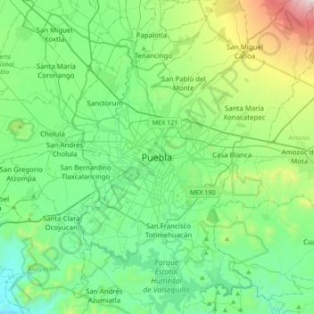Pueblaの地形図、標高、地勢