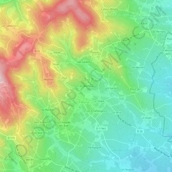 Les Rochauxの地形図、標高、地勢