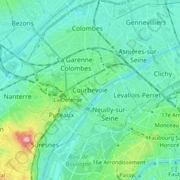 Courbevoieの地形図、標高、地勢