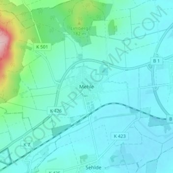 Mehleの地形図、標高、地勢