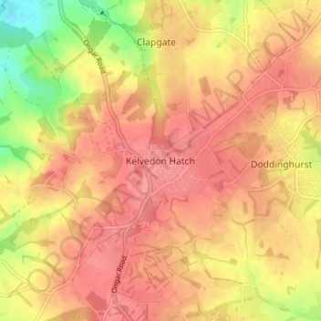 Kelvedon Hatchの地形図、標高、地勢