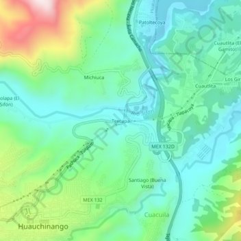 Texcapaの地形図、標高、地勢