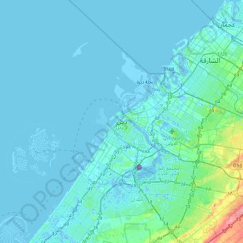 ドバイの地形図、標高、地勢