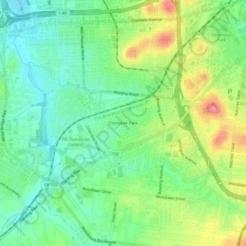 Cherokee Parkの地形図、標高、地勢