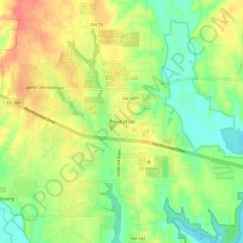 Princetonの地形図、標高、地勢