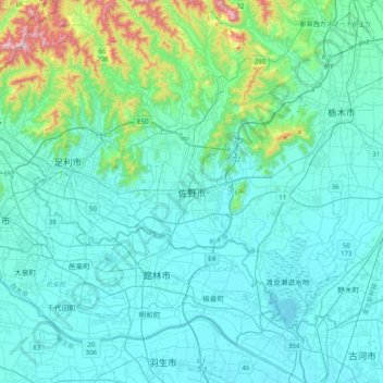 佐野市の地形図、標高、地勢