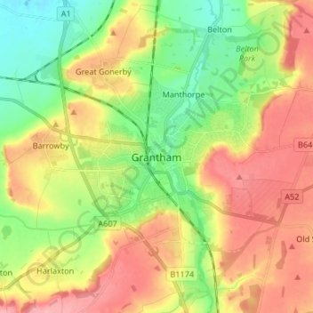 Granthamの地形図、標高、地勢