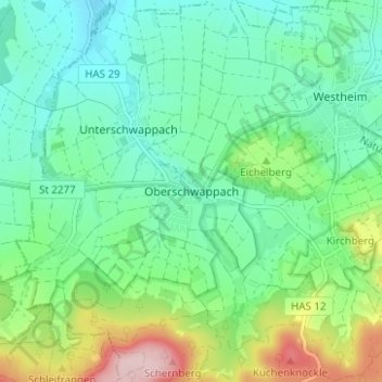 Oberschwappachの地形図、標高、地勢