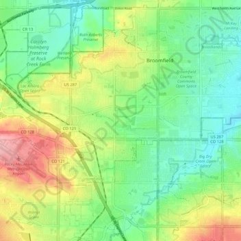 Broomfieldの地形図、標高、地勢