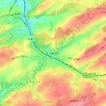 Leignonの地形図、標高、地勢