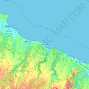 Burnieの地形図、標高、地勢