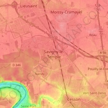 Savigny-le-Templeの地形図、標高、地勢