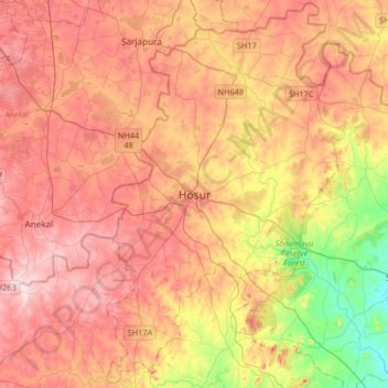 Hosurの地形図、標高、地勢
