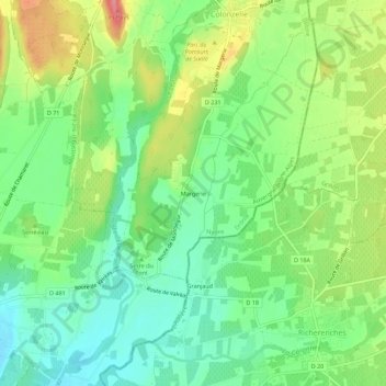 Margerieの地形図、標高、地勢
