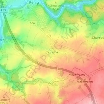 Tauschaの地形図、標高、地勢