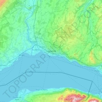 Losannaの地形図、標高、地勢