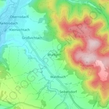 Wurbachの地形図、標高、地勢