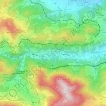 Aueの地形図、標高、地勢