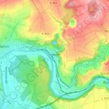 Steedenの地形図、標高、地勢