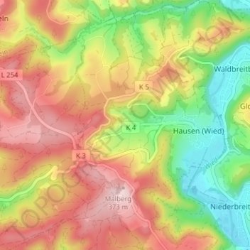 Reuschenbachの地形図、標高、地勢
