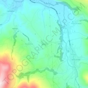 Tezanosの地形図、標高、地勢