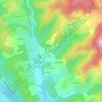 Plat des Grangesの地形図、標高、地勢