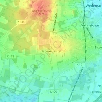 Scherenbostelの地形図、標高、地勢