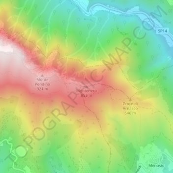 Monteneroの地形図、標高、地勢