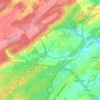 Mehogneの地形図、標高、地勢