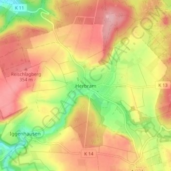 Herbramの地形図、標高、地勢