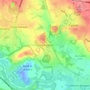 Great Prestonの地形図、標高、地勢