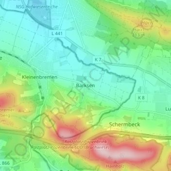 Barksenの地形図、標高、地勢