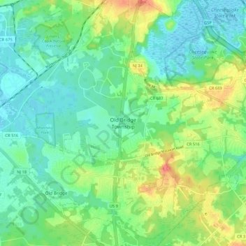 Old Bridgeの地形図、標高、地勢