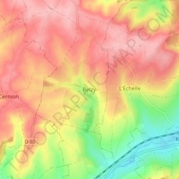 Belzyの地形図、標高、地勢