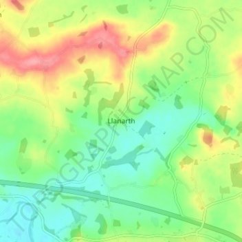 Llanarthの地形図、標高、地勢