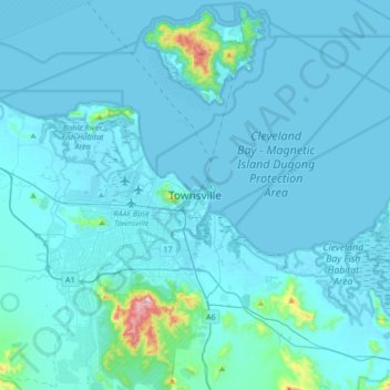 Townsvilleの地形図、標高、地勢