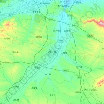 伊川県の地形図、標高、地勢