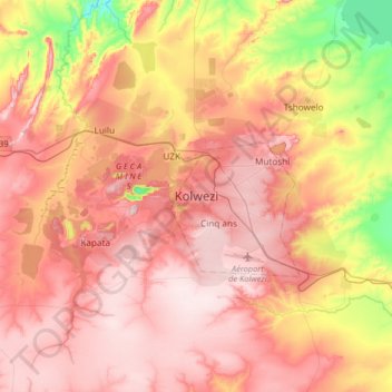 Kolweziの地形図、標高、地勢