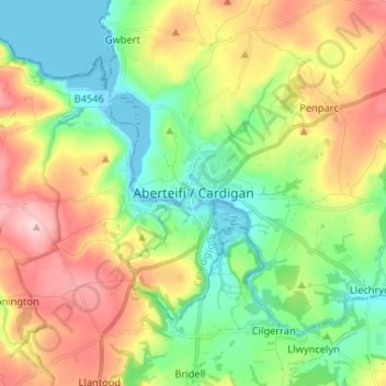 Cardiganの地形図、標高、地勢