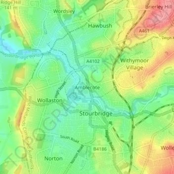 Amblecoteの地形図、標高、地勢