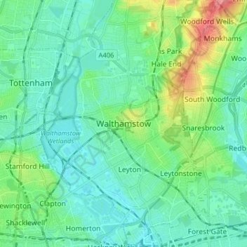 Walthamstowの地形図、標高、地勢