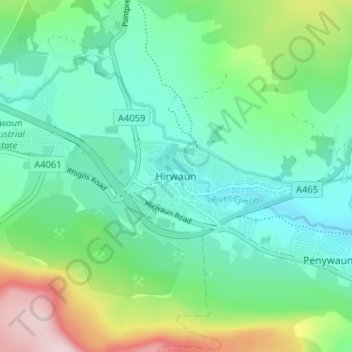 Hirwaunの地形図、標高、地勢