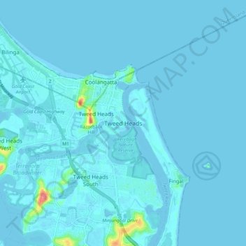Tweed Headsの地形図、標高、地勢