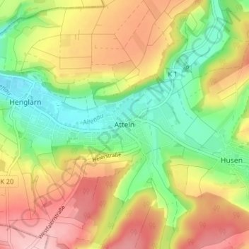 Attelnの地形図、標高、地勢